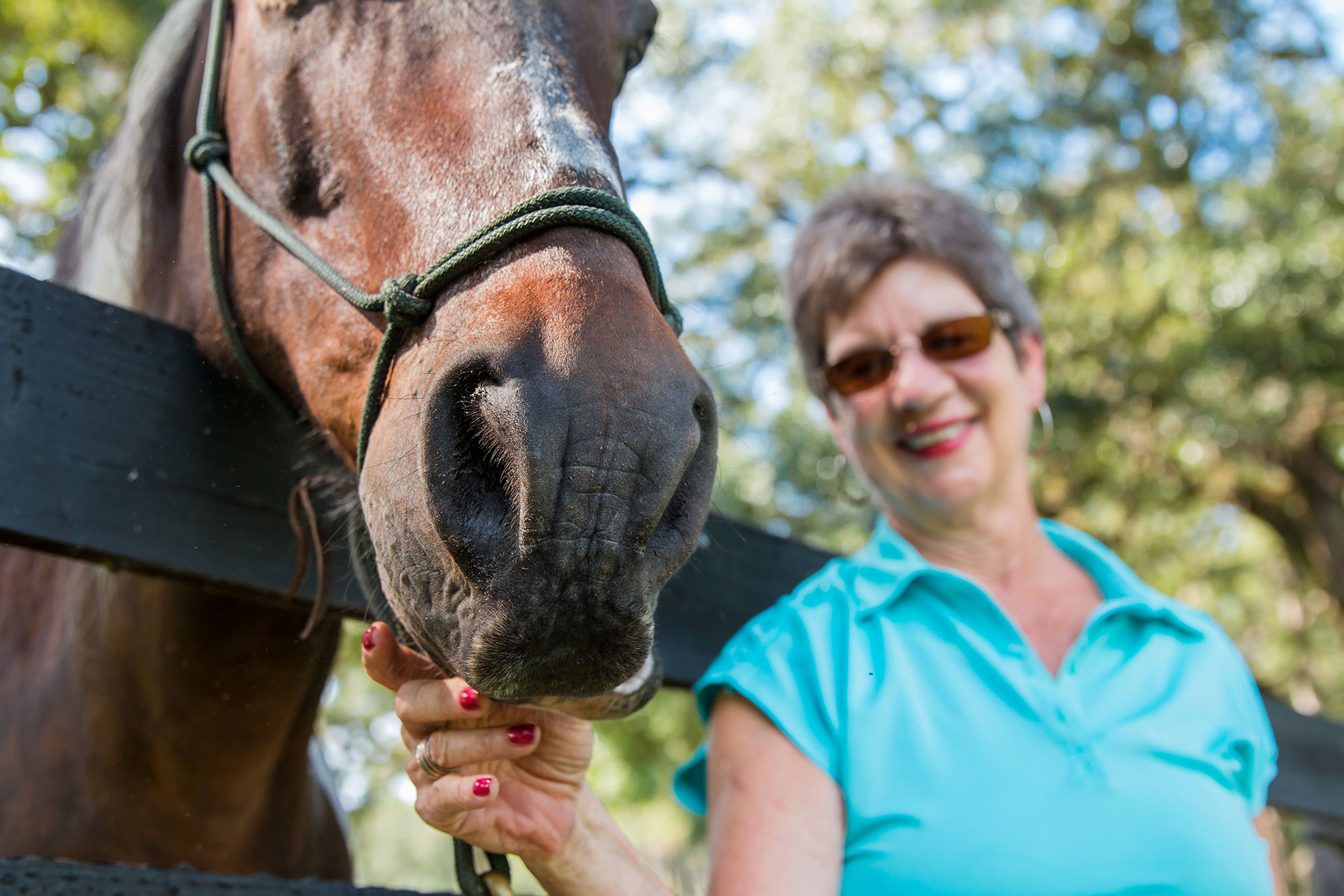 woman standing next to a brown horse