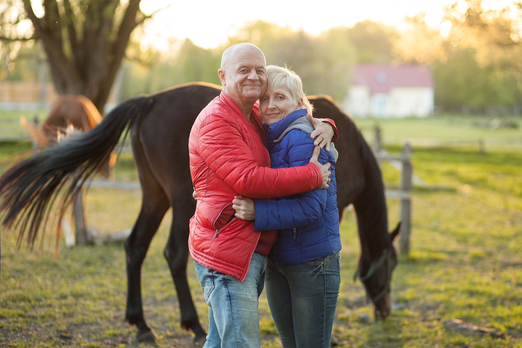 man and a woman hugging in front of a horse